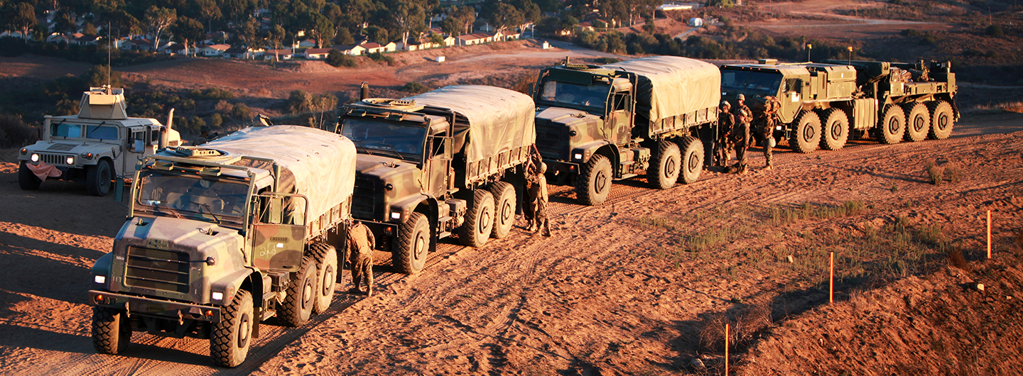 Military trucks lined up